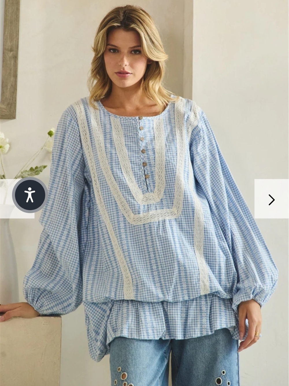 Oli & HALI Light Blue Gingham Lace-Trim Peasant Blouse - Women